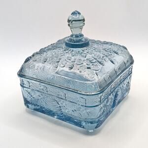 Vintage Tiara Glass Ice Light Blue Bees Hive Lidded Dish Honey Jar Footed Box